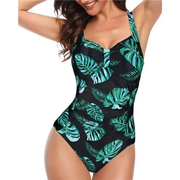 Vintage Tummy Control Ruched One Piece Swimsuit, Green Leaf Print, Backless